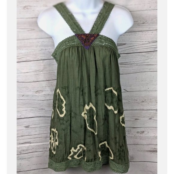 Free People Tops - FREE PEOPLE Women's Lace Trimmed Batik Print Linen Blend Tank Top - Green - 8
